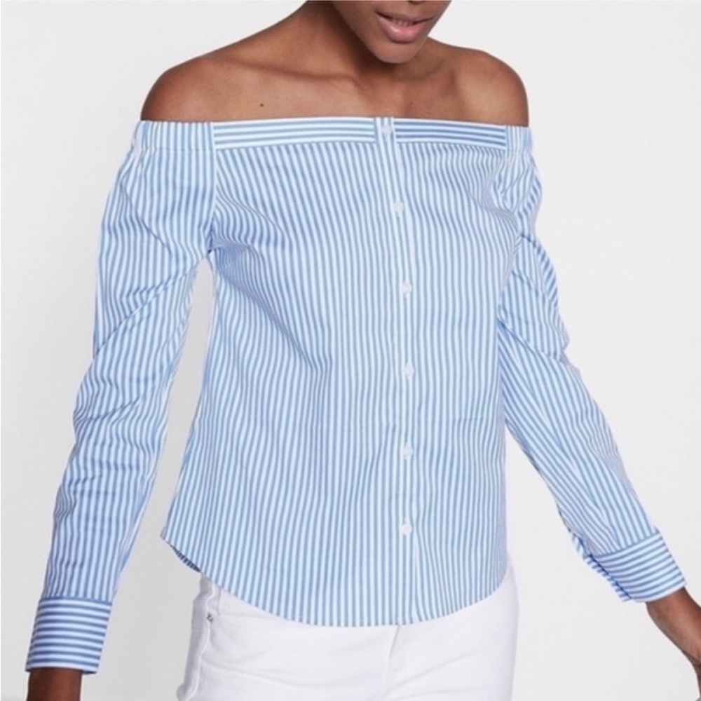 Express Striped Off The Shoulder Essential Shirt - XS